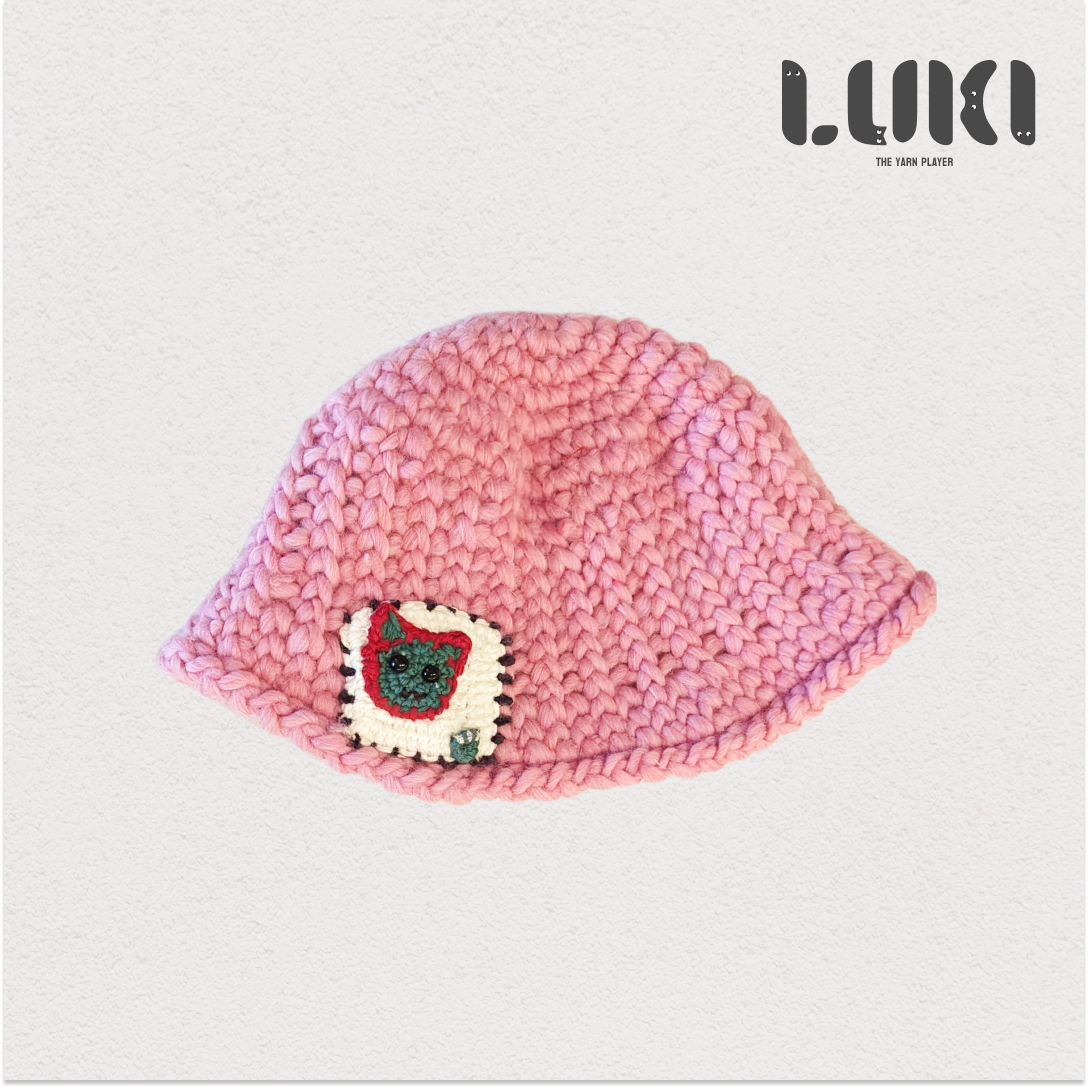 Pink Wool Bucket Hat With Designed Crochet Patch